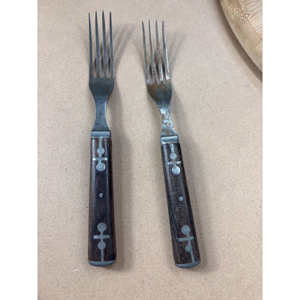 Civil War Era Pewter Inlay Wood Handle 4 Tine Forks Pair Primitive Antique
